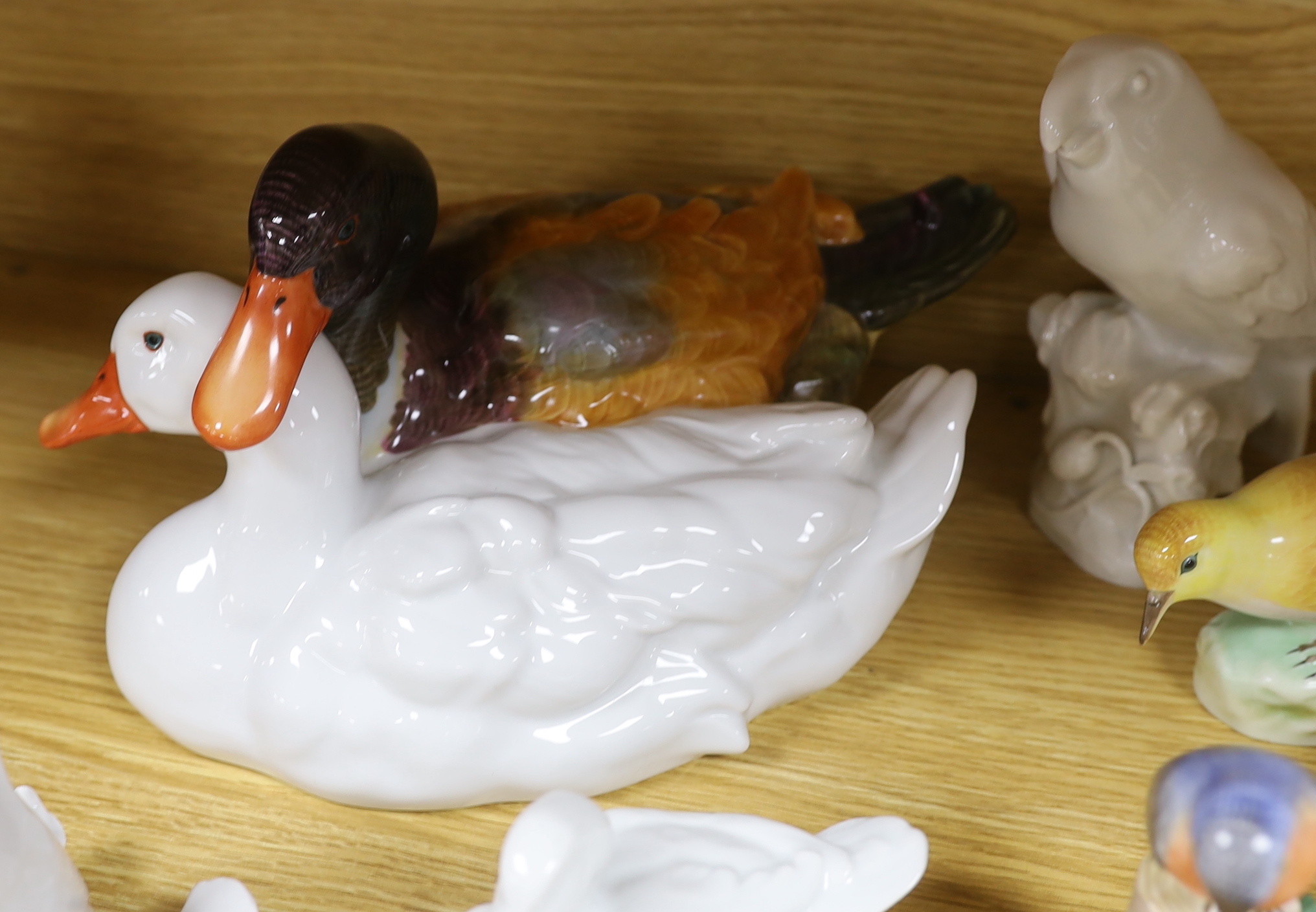 Seventeen Herend porcelain bird figures including boy riding a goose and ducks, some with hand painted decoration, the largest 30cm wide